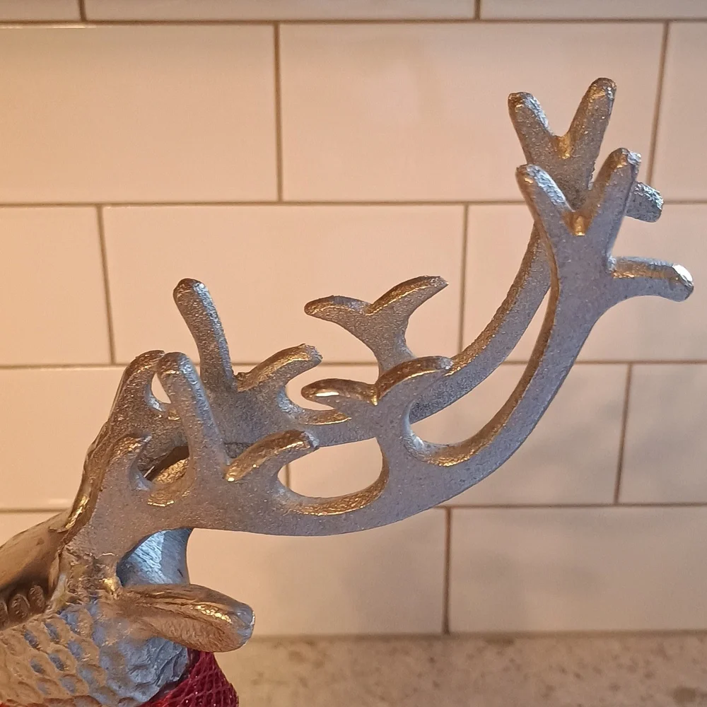 Pier 1; 14 Inch Silver Metal Reindeer Figurine & Red Scarf And Felt Pads On 🐾